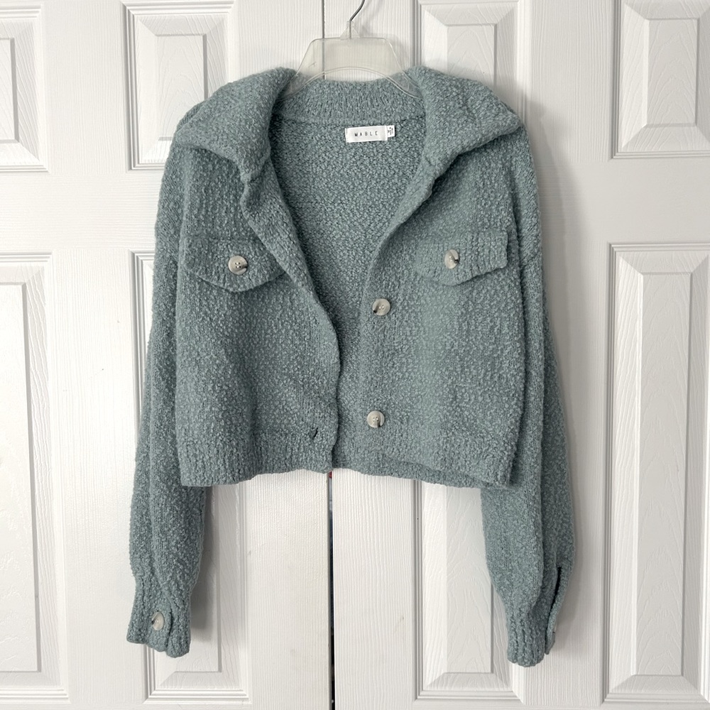MABLE Cropped Sweater Knit Stretch Button Up Collared Pastel Blue Medium